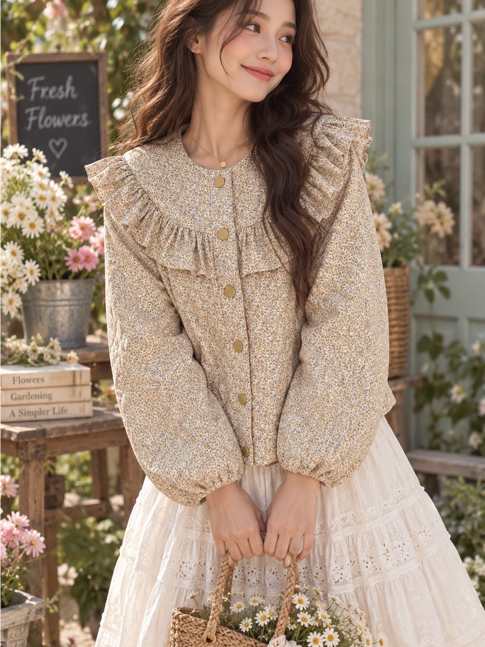 VILA Floral Quilted Jacket Ruffle Collar Snap Button NWOT Cottagecore